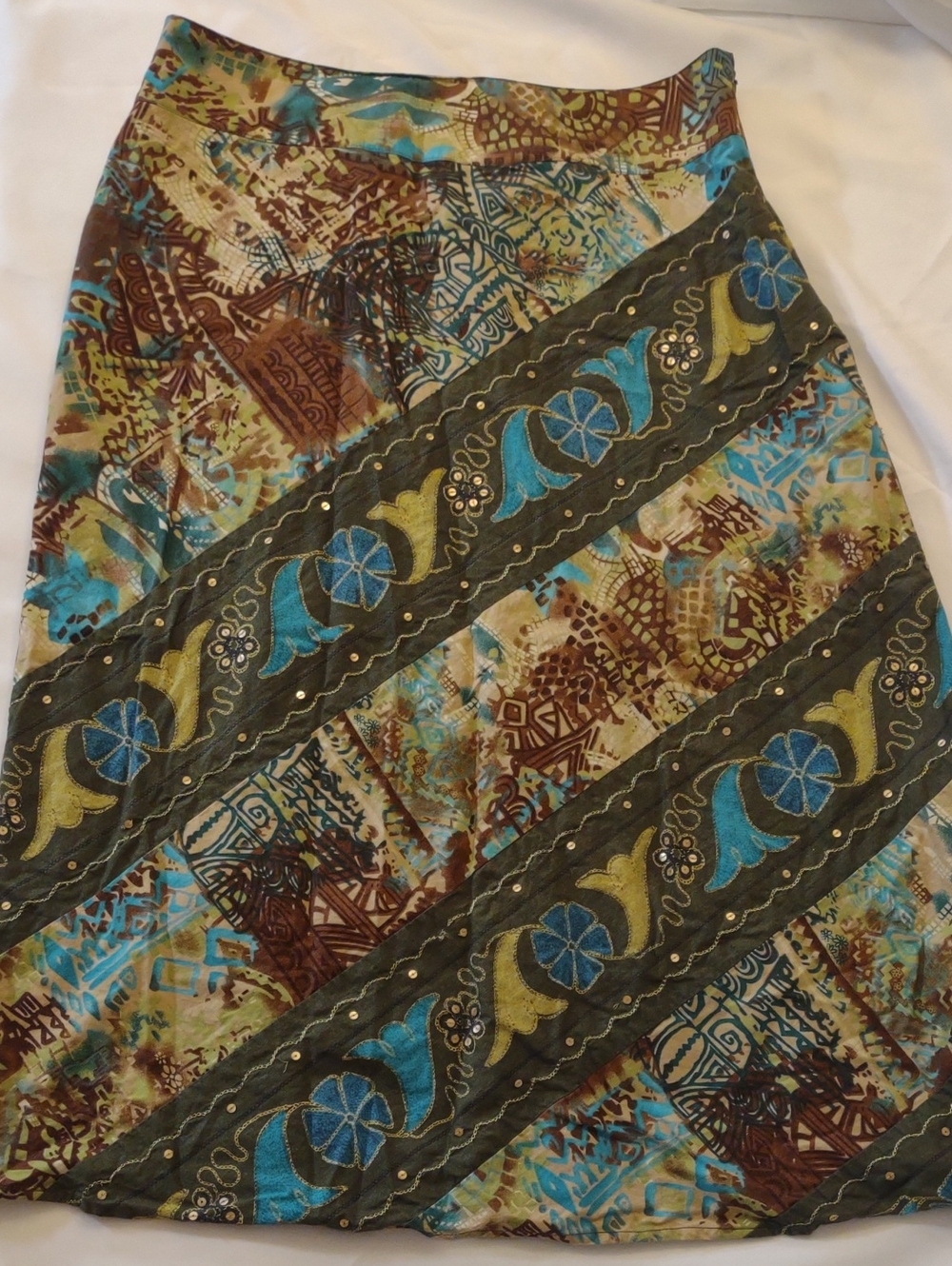 Requirements Multicolor A-Line Cotton Skirt in Teal, Brown & Olive - Size 14